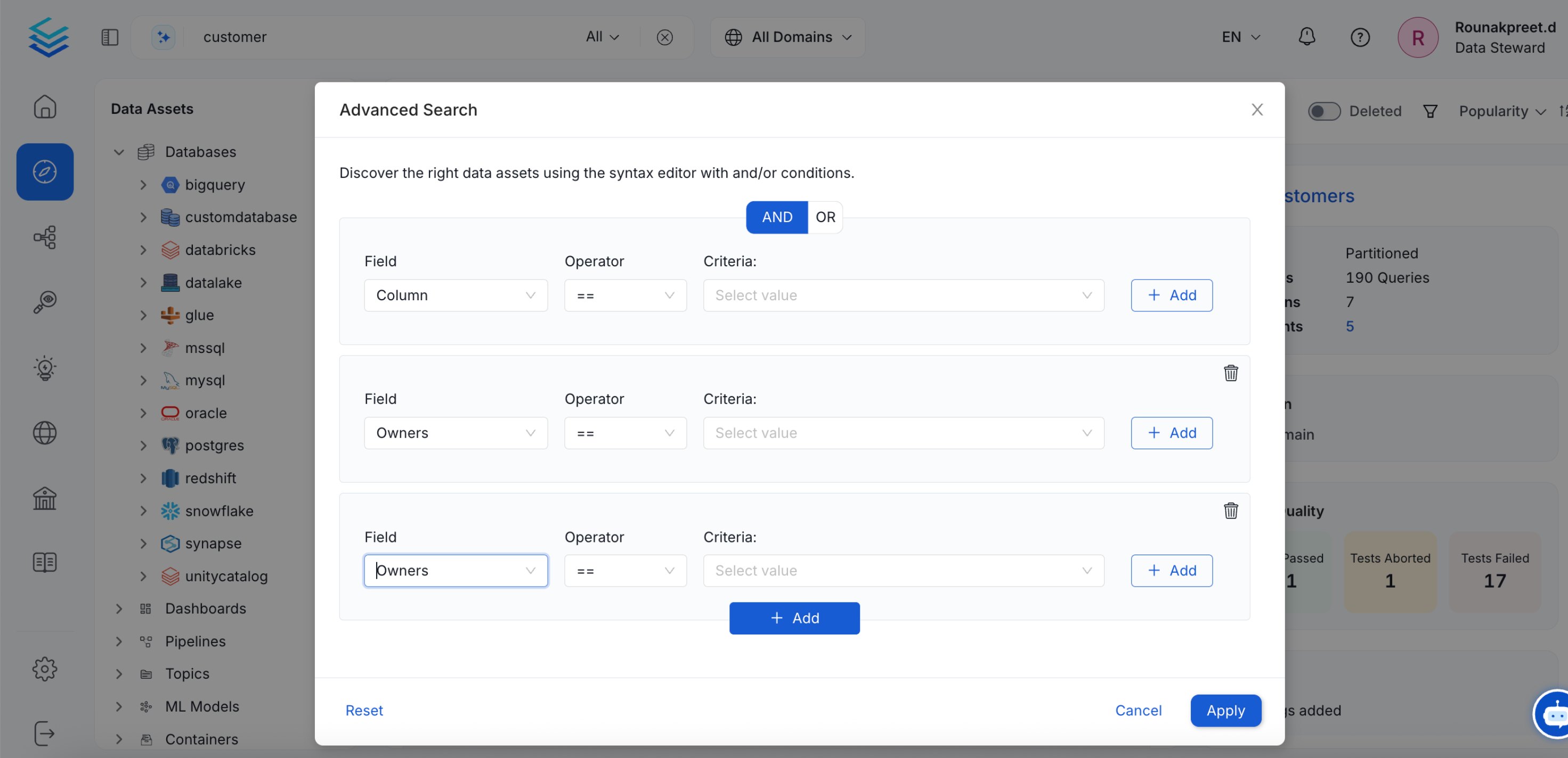 Grouped Condition based on the Owner of the Data Assets